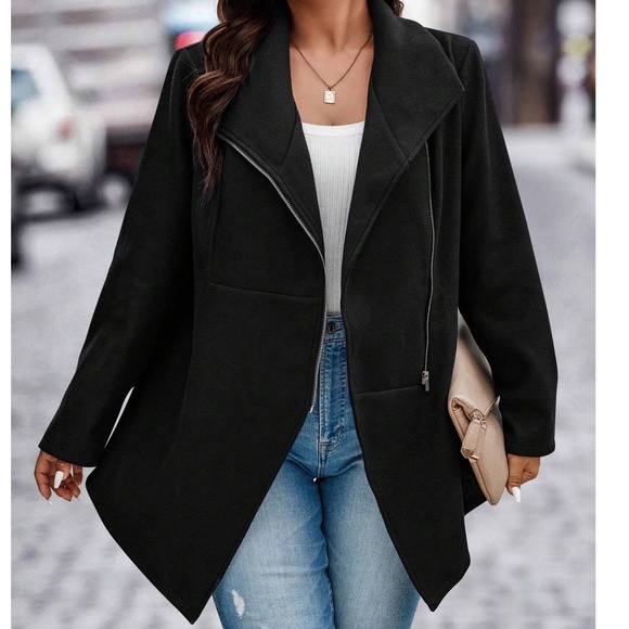 Luxe Black Zip up Waterfall jacket Coat - Picture 2 of 4